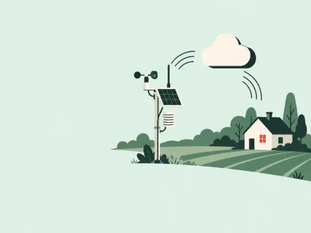 A weather station on a pole in a field sends signals up to a cloud and down to a farmhouse with a lit window.