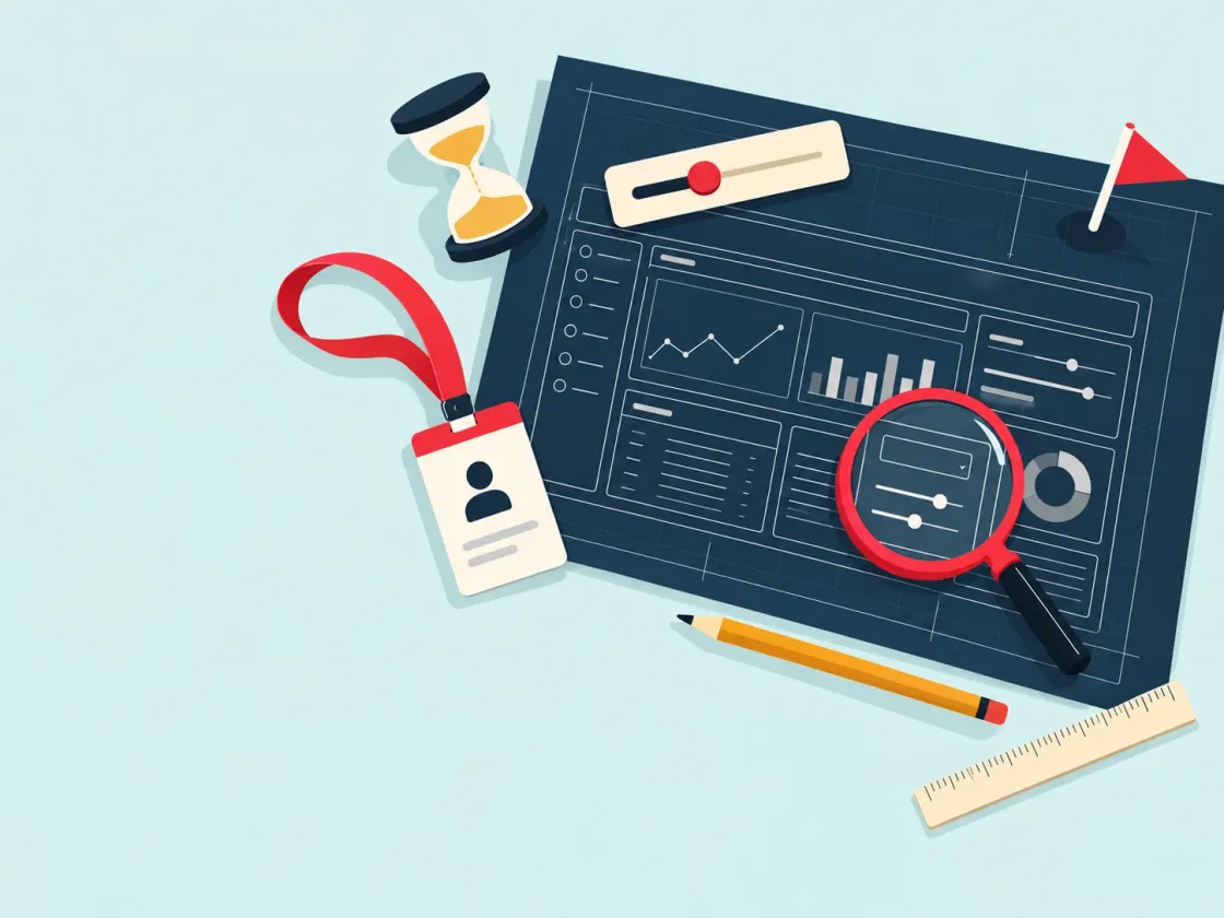 A dashboard blueprint pinned flat, with a magnifier, slider, hourglass, ID badge and flag laid out in their planned places.