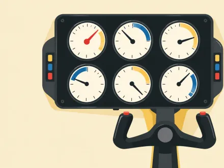 A cockpit panel of six gauges above a control yoke