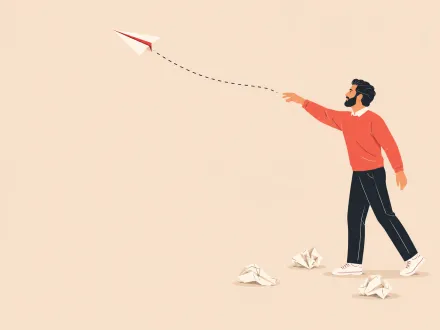 A man throws a well-folded paper plane that flies far, with several crumpled attempts lying on the floor.