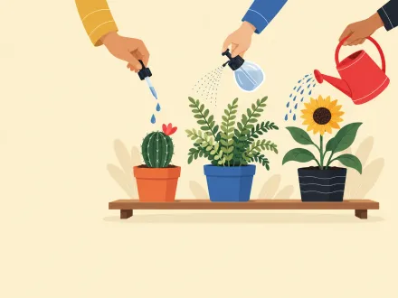 Three hands watering a cactus, a fern and a sunflower, each with the right amount of water