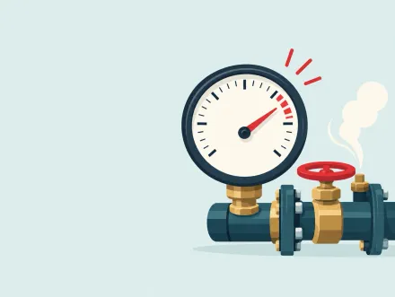 A pressure gauge on a live pipe with its needle rising into a red zone, a valve handle ready beside it.