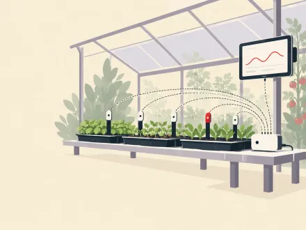 Seedling trays in a greenhouse with small sensors on stakes linked by dotted lines to a wall tablet showing one line.