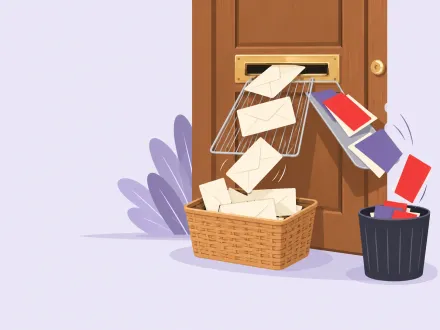 A wire filter on a front door's letter slot lets plain letters drop into a basket while glossy flyers slide into a bin.