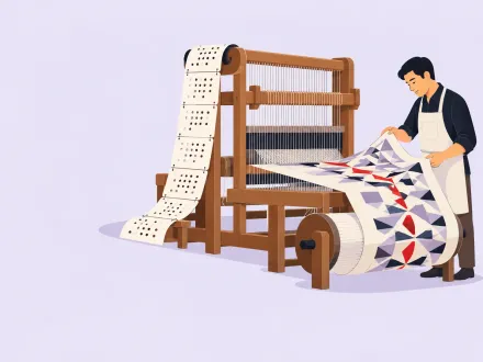 A weaver checks the repeating patterned cloth coming off a loom that is driven by a chain of punched cards.