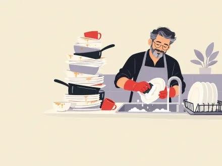 A man in rubber gloves washes dishes one at a time beside a tall, teetering pile, a drying rack filling up.