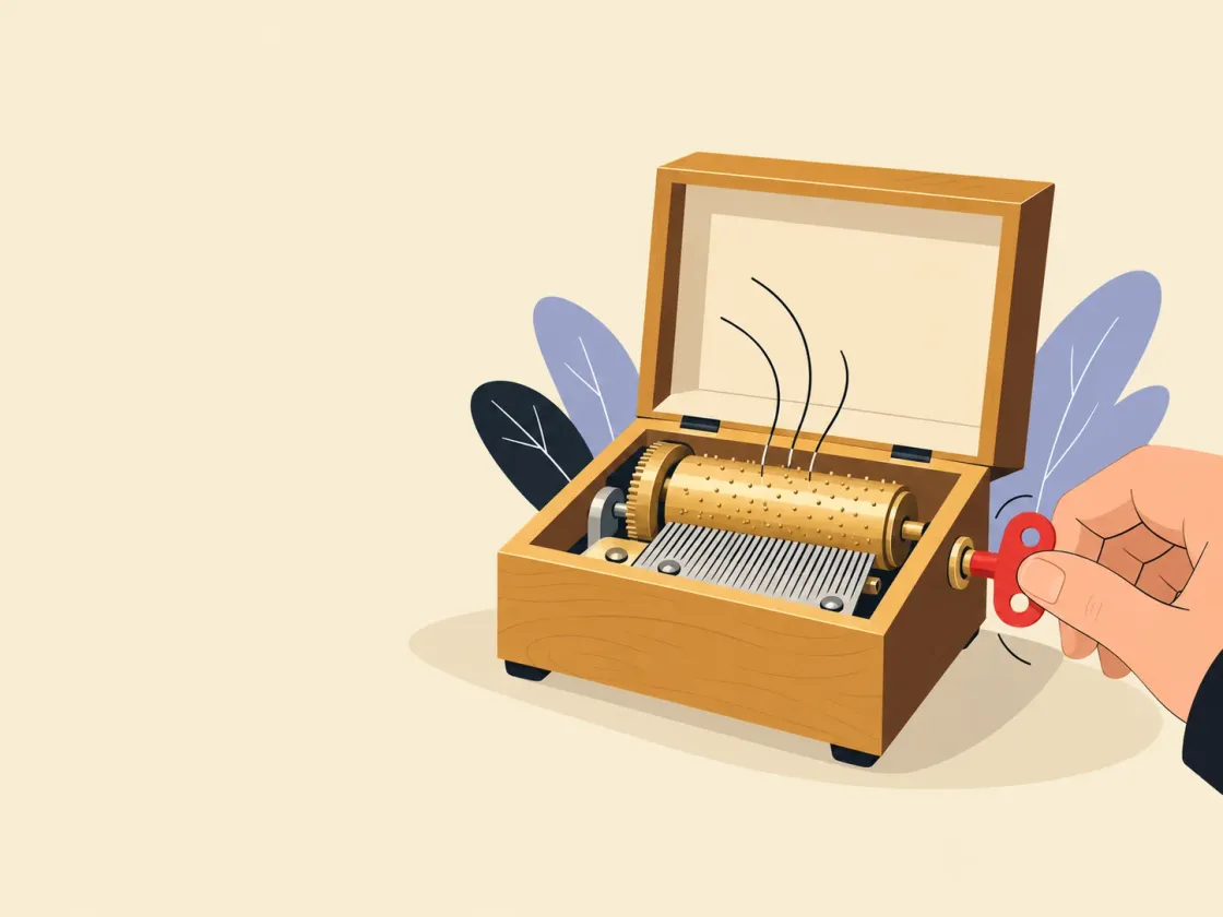 A hand winding a music box whose cylinder plays on its own