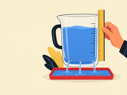 A hand measuring the water level in a jug that leaks from three holes into a tray