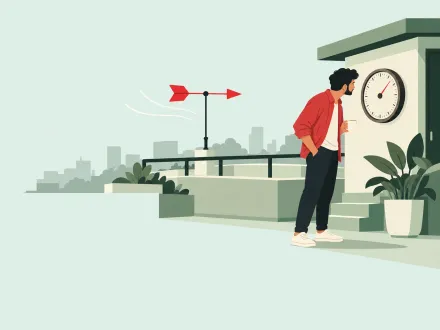 A man with a mug checks a wall barometer outside a rooftop hut, a weather vane turning in the wind behind him.