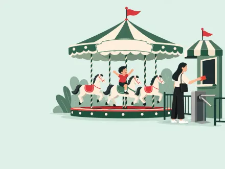 A small carousel with a child riding for free, while a woman at the ticket booth pays to pass the turnstile.