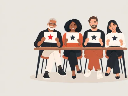 Four people at a table each holding up a card with a star