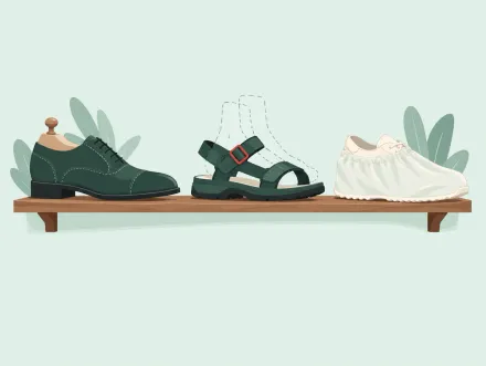 Three kinds of footwear on a shelf: a made-to-measure shoe, an adjustable sandal and an overshoe slipped over a trainer.