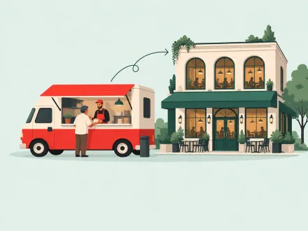 A food truck serving a customer at the kerb, with an arrow pointing to a full restaurant in its own building.
