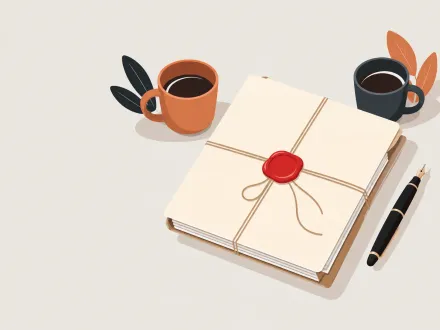 A bundle of papers tied with string and closed with a red wax seal, beside a fountain pen