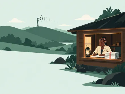 A woman writes by lantern light in a hillside hut while signals from a distant tower fade before they reach her.