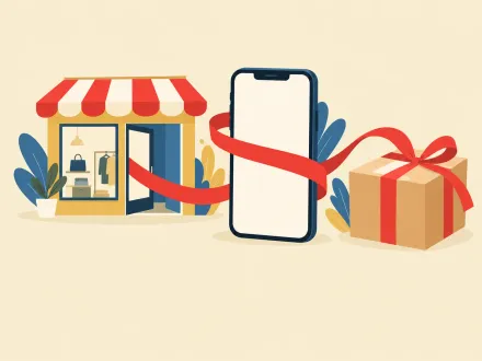 A shop front, a phone and a parcel joined by one red ribbon