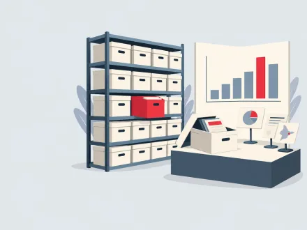 Shelves of identical boxed files on one side, and the same material opened into a small display with charts on the other.