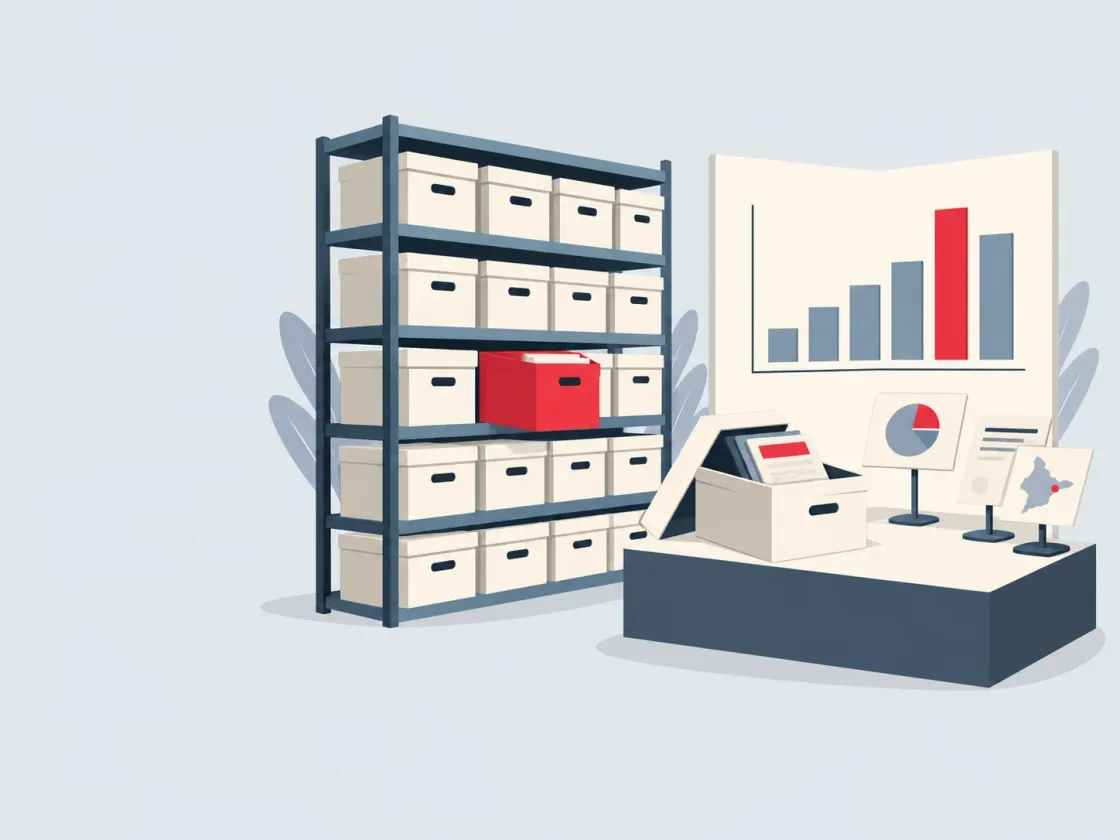 Shelves of identical boxed files on one side, and the same material opened into a small display with charts on the other.