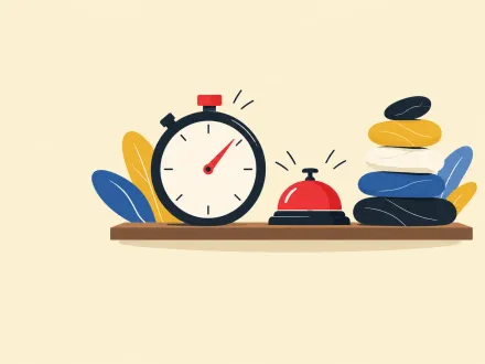 A stopwatch, a service bell and a stack of balanced stones on a shelf