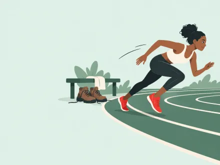 A woman in light red trainers pushes off down a running track, her heavy boots left under a bench behind her.