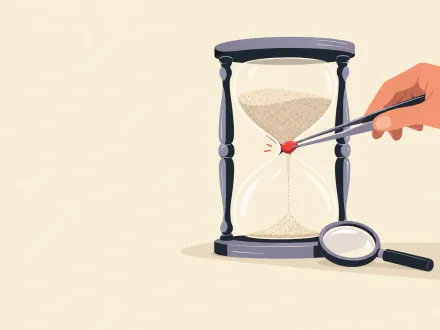 Tweezers lift a single red pebble from the neck of an hourglass where the sand is stuck, a magnifier at its base.