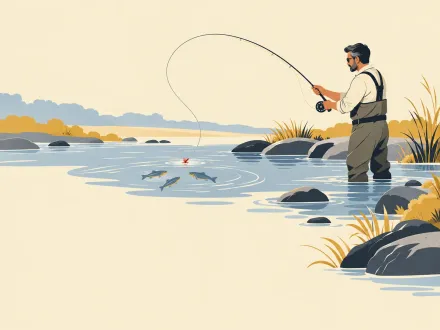 An angler casting a line to a few fish in a river