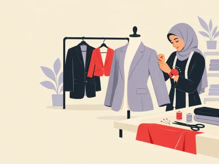 A tailor pins a grey jacket to fit on a dress form while two other jackets hang on a rail behind her.