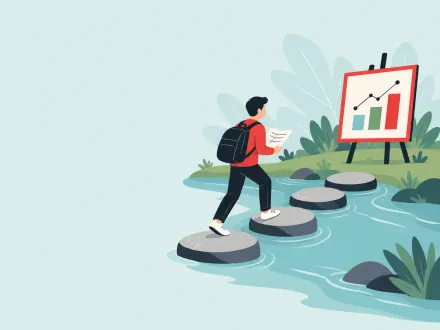 A walker with a backpack crosses a stream on stepping stones towards a framed chart on an easel on the far bank.