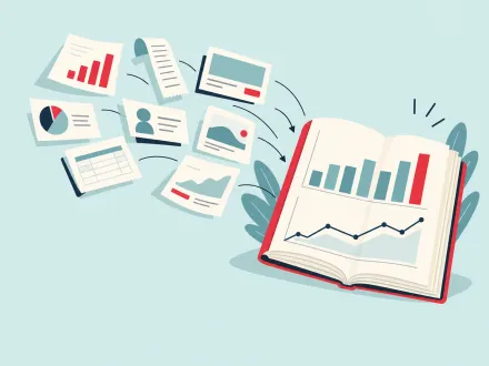Loose receipts, flyers and customer cards drift in on curved arrows towards one open book showing a bar chart and a line.