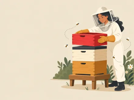 A beekeeper adding a red box to a growing hive