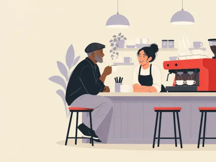 A barista rests her arms on the counter chatting with a customer while the espresso machine pours two shots by itself.