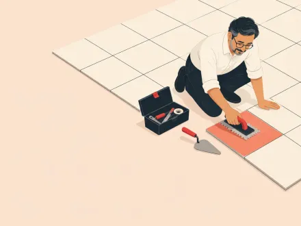 A man kneels on a large tiled floor, trying a new notched tool on a single red tile, his toolbox and trowel beside him.