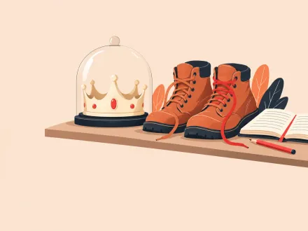 A crown sits under a glass dome while a pair of worn boots and an open notebook with a pencil wait ready to go.