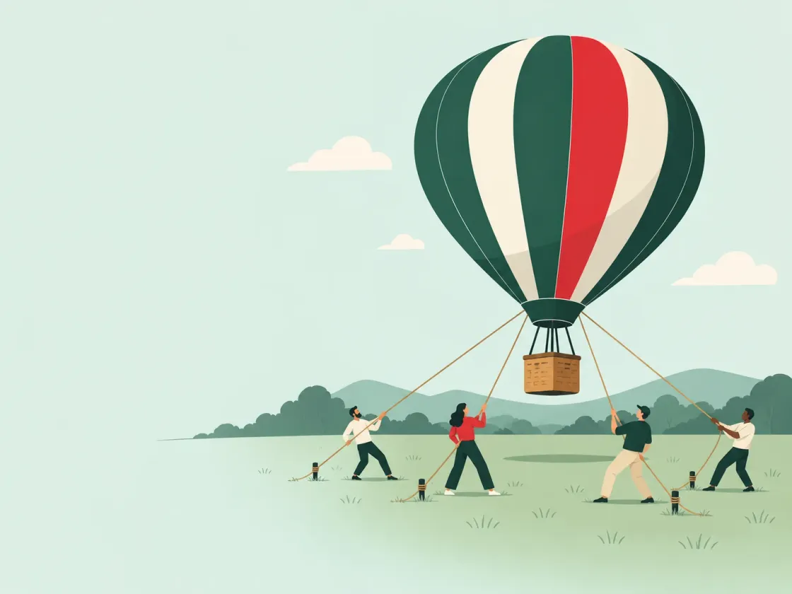 Four people on the ground hold the ropes of a hot-air balloon on a tethered test flight over an open field.