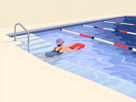 A learner in a swimming cap holds a red kickboard in the shallow end, lane ropes leading on to deeper water.