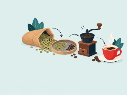 Coffee beans pour from a sack through a sorting sieve that picks out the dark ones, then a grinder, then a steaming cup.