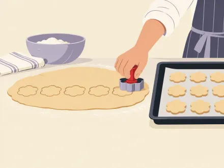 A hand presses one flower-shaped cutter into rolled dough, with rows of identical biscuits already on the tray.