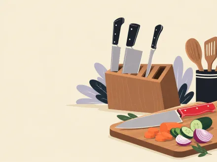 A knife block holds a bread knife, a cleaver and a thin knife while a chef's knife is out on a board of sliced vegetables.