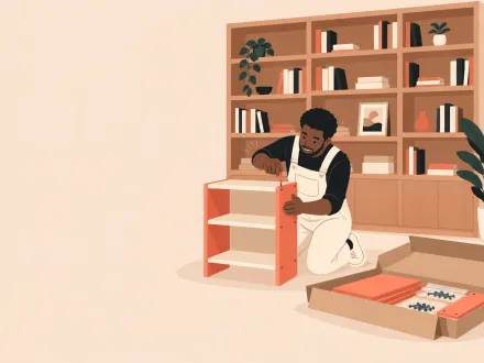 A man in overalls assembles a flat-pack shelf from a box of parts, in front of a tall built-in bookcase.