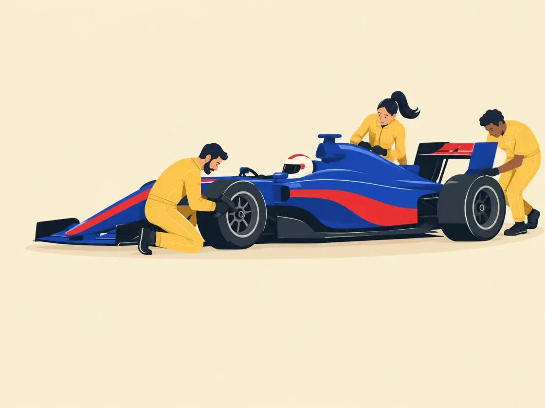 A pit crew working on a racing car