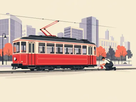 A well-kept red tram stands on its rails among modern glass buildings while a worker kneels to oil the track.