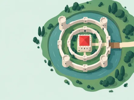 A castle seen from above with a moat, an outer wall, an inner wall and a central keep, one drawbridge lowered.