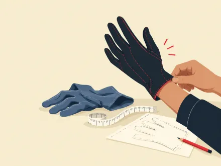 A hand pulling on a well-fitted glove beside a loose glove, a tape measure and a paper pattern