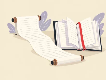 One long scroll unrolled across a desk beside a bound book lying open with its pages fanned.