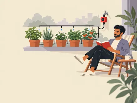 A man reads in a deckchair with a cup of tea while a timer-controlled drip line waters a row of balcony plants.