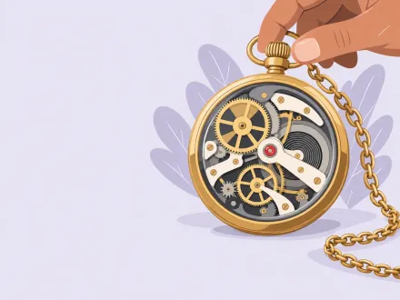 A hand holds a pocket watch on a chain, its glass back showing all of the gears and workings inside.