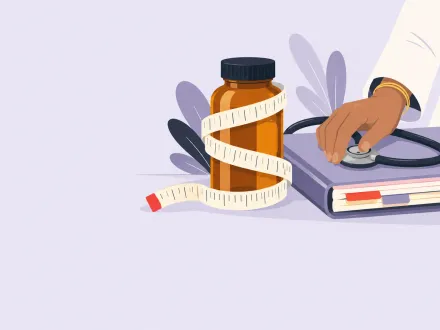 A tape measure wound round a pill bottle on a clinician's desk, beside one patient folder and a stethoscope.