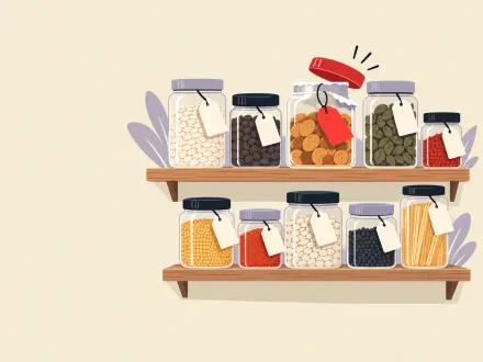 Two shelves of tagged pantry jars, one jar with its seal broken and its lid lifted, marked with a red tag.