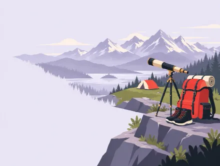 A packed rucksack and boots on a ledge, a tent pitched below, and a telescope pointed at misty far mountains.