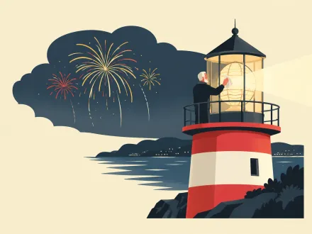 A lighthouse keeper cleaning the lamp as fireworks light the sky over the sea